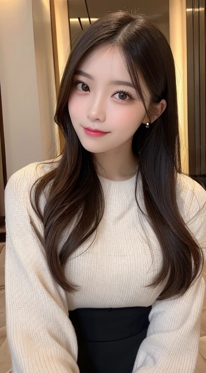 Tabletop, Highest quality, shape, Very detailed, finely, High resolution, 8k wallpaper, 完璧なダイナミックな構shape, Beautiful and detailed, Elegant and luxurious winter dresses,Straight hair,,Natural color lip,smile,20-year-old girl、cute、Looking at the camera is sexy,Always blur the background,Perfect and beautiful face,Take a picture of only the face,Beautiful and elaborate face、Slim face and figure、Big eyes、Elegant face、Beautiful and elaborate face、KPOP idol faces、The face of the Japan idol、Big eyes、 A venue on the top floor of a high-rise hotel、Blur the background、Take a full body photo