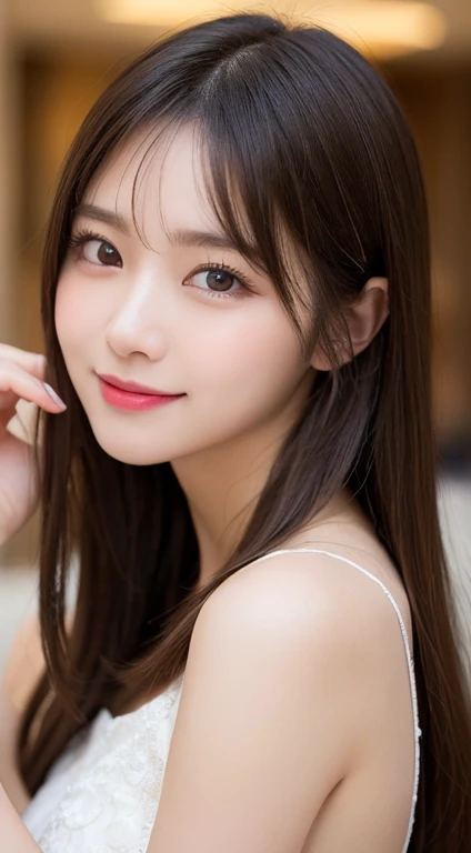 Tabletop, Highest quality, shape, Very detailed, finely, High resolution, 8k wallpaper, 完璧なダイナミックな構shape, Beautiful and detailed, Elegant and luxurious winter dresses,Straight hair,,Natural color lip,smile,20-year-old girl、cute、Looking at the camera is sexy,Always blur the background,Perfect and beautiful face,Take a picture of only the face,Beautiful and elaborate face、Slim face and figure、Big eyes、Elegant face、Beautiful and elaborate face、KPOP idol faces、The face of the Japan idol、Big eyes、 A venue on the top floor of a high-rise hotel、Blur the background、Take a full body photo