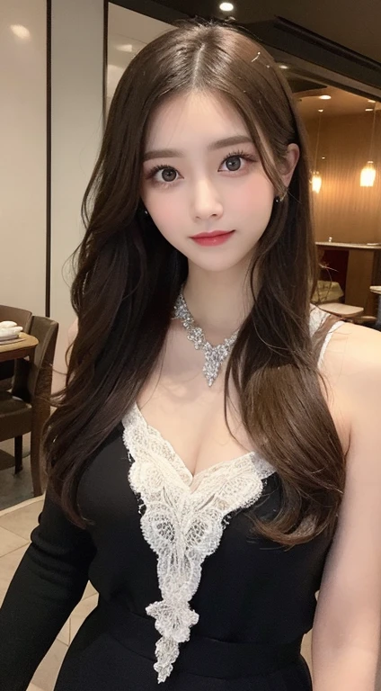 Tabletop, Highest quality, shape, Very detailed, finely, High resolution, 8k wallpaper, 完璧なダイナミックな構shape, Beautiful and detailed, Elegant and luxurious winter dresses,Straight hair,,Natural color lip,smile,20-year-old girl、cute、Looking at the camera is sexy,Always blur the background,Perfect and beautiful face,Take a picture of only the face,Beautiful and elaborate face、Slim face and figure、Big eyes、Elegant face、Beautiful and elaborate face、KPOP idol faces、The face of the Japan idol、Big eyes、 A venue on the top floor of a high-rise hotel、Blur the background、Take a full body photo