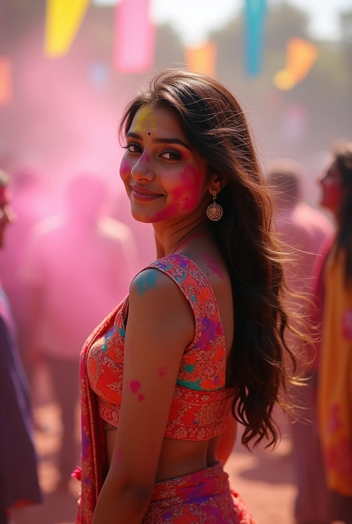 Indian woman, naked, breast visible, holi