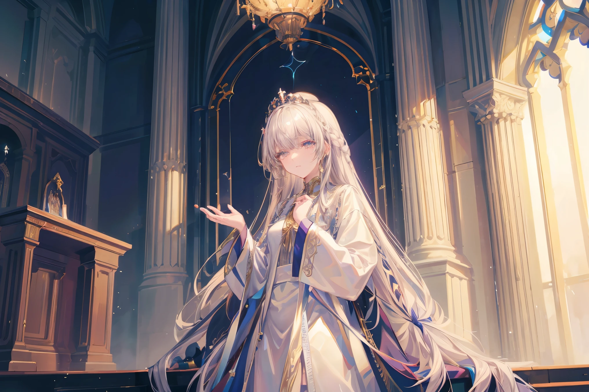 (tiara), shiny hair, hair over one eye, Gothic art, ray tracing, super detail, textured skin, masterpiece, accurate, high details, best quality, award winning, highres, A white-haired high priestess, pope, a young and dignified girl, Standing at the altar, looking down on the faithful