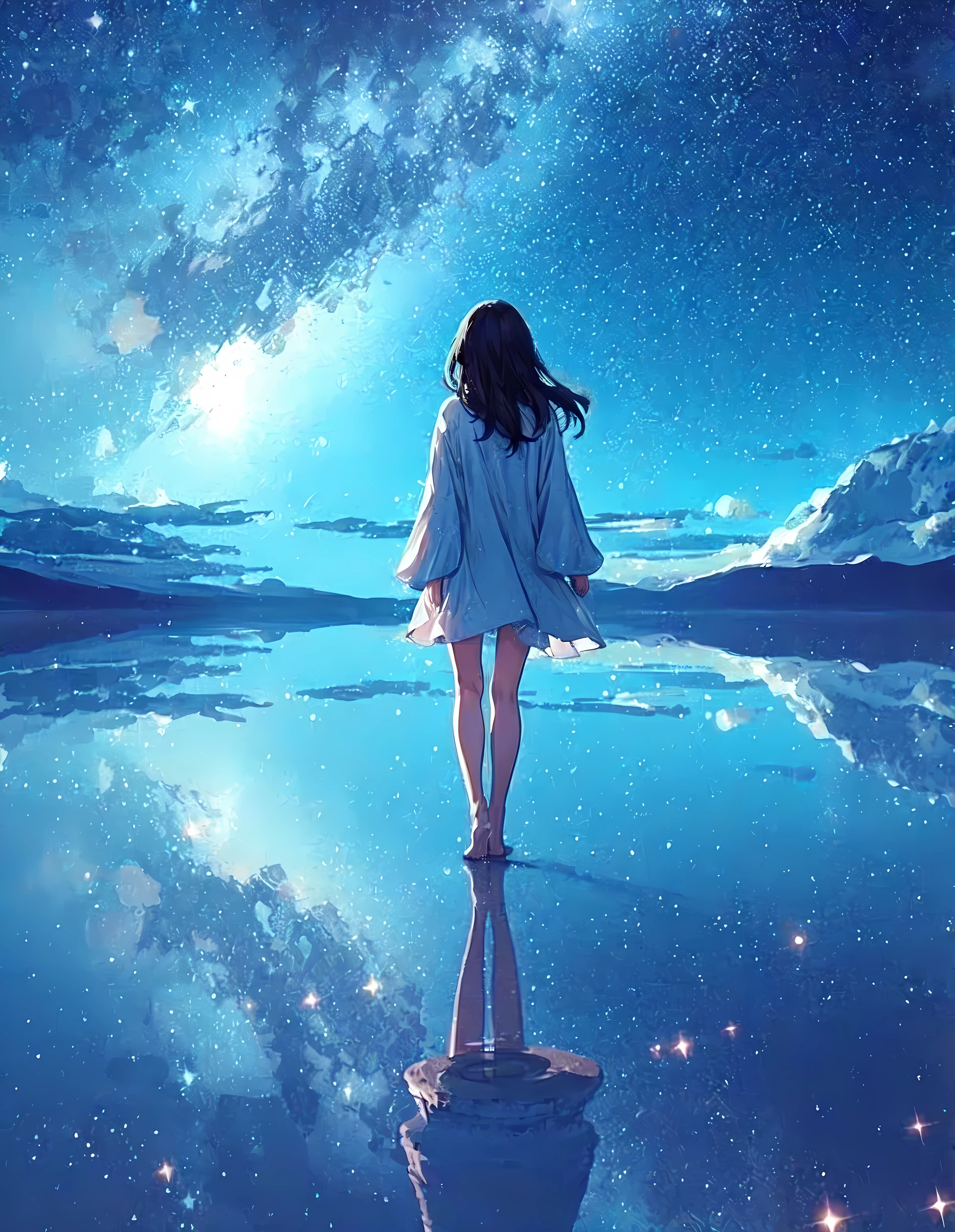 1lady solo, (from behind) (back of head), (calm outfit), (mature female:0.8), /(black hair/), (masterpiece best quality:1.2) delicate illustration ultra-detailed BREAK (Uyuni Salt Flat) outdoors, (starry sky) midnight, lake, (water surface reflecting countless stars), soft lighting, detailed background