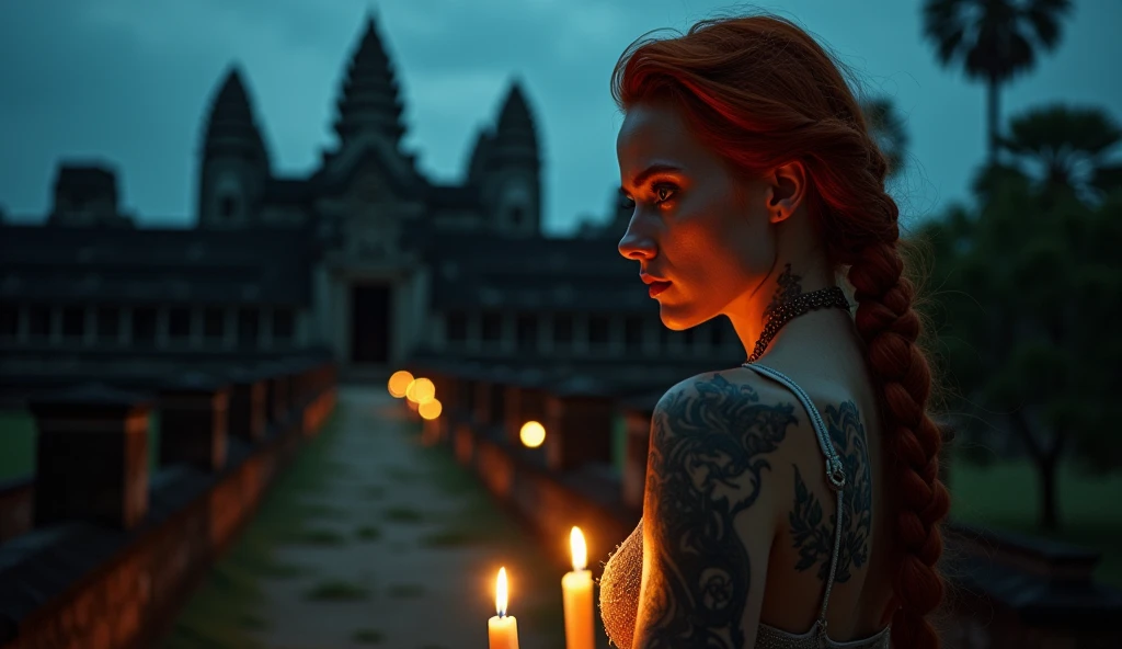 tatuados,Very beautiful big breasts、(Tears),(Back tattoo、Many tattoos on both arms and neck)、 (Angkor Wat at night,Huge temple complex surrounded by jungle),Candlelight only,Very detailed, 21 years old, A beautiful woman,Depressed face, Platinum Red Hair,Braided Hair, blue eyes, High resolution, masterpiece, Highest quality, Intricate details, Very detailed, Clear focus, Delicate skin, practical skin texture, texture, Delicate eyes, Professional, 8k, Sad face,despair、 Shot with Canon, 85mm, Shallow and deep, Kodak Vision Color, Exactly, Very detailed, photograph_\(Extremist\), photographpractical, practical, Post-processing, Maximum details, Roughness, Real Life, Extremist practical, Photorealism, photographgraphy, 8k ウルトラ HD, photographgraphy
