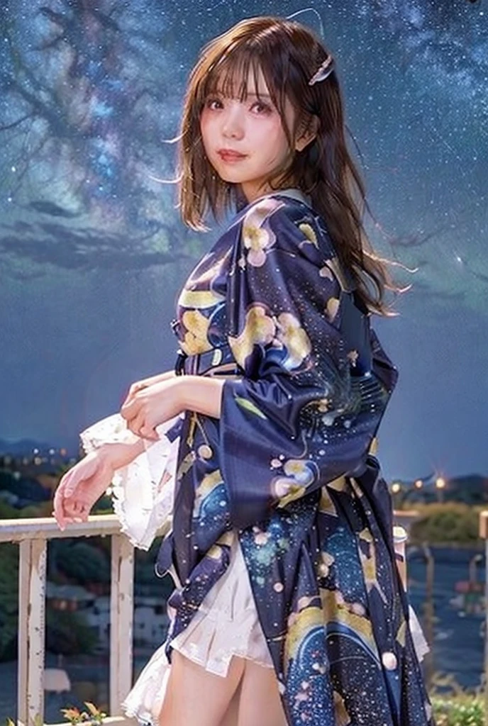 High resolution, masterpiece, Textured skin, Very long hair, Ahoge, Colorful Hair, Parted bangs, Hair blowing in the wind, Large Breasts, Sad expression, Full Body Portrait,Beautiful starry sky,milky way,A dress like a kimono,Romanticism,