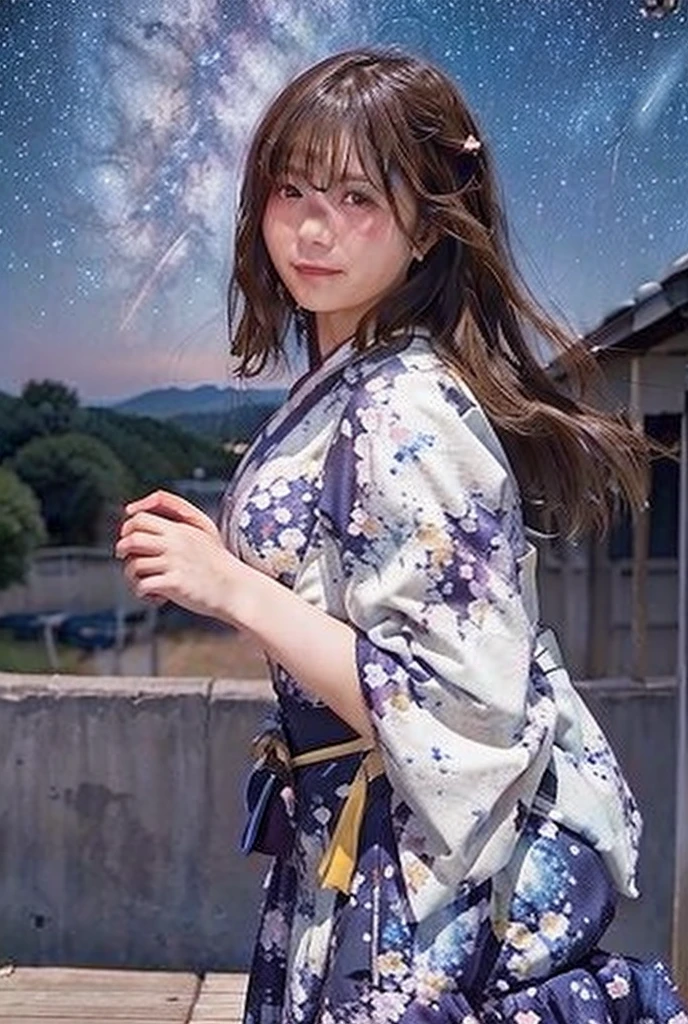 High resolution, masterpiece, Textured skin, Very long hair, Ahoge, Colorful Hair, Parted bangs, Hair blowing in the wind, Large Breasts, Sad expression, Full Body Portrait,Beautiful starry sky,milky way,A dress like a kimono,Romanticism,