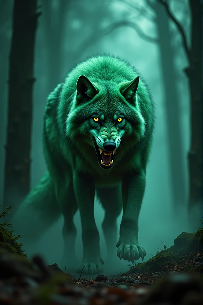 create the image of a very angry greenish wolf