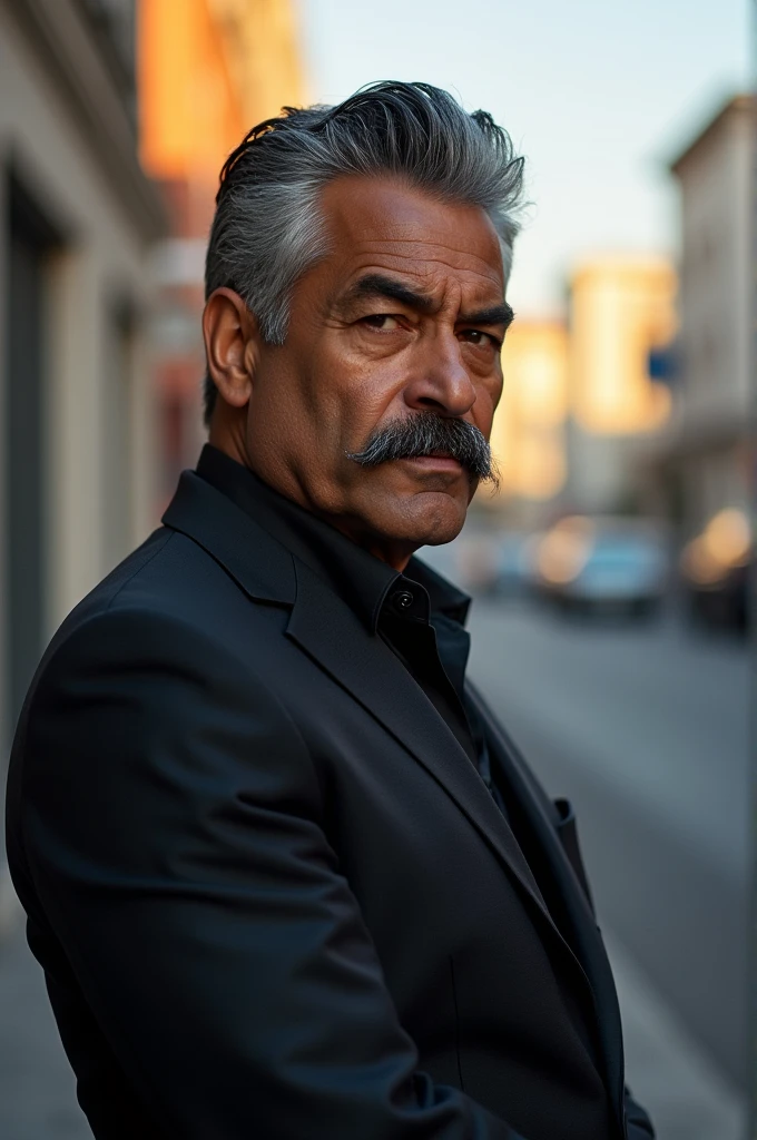 Make a man of half idea gray hair with a mustache medium dark skin color and serious short hair