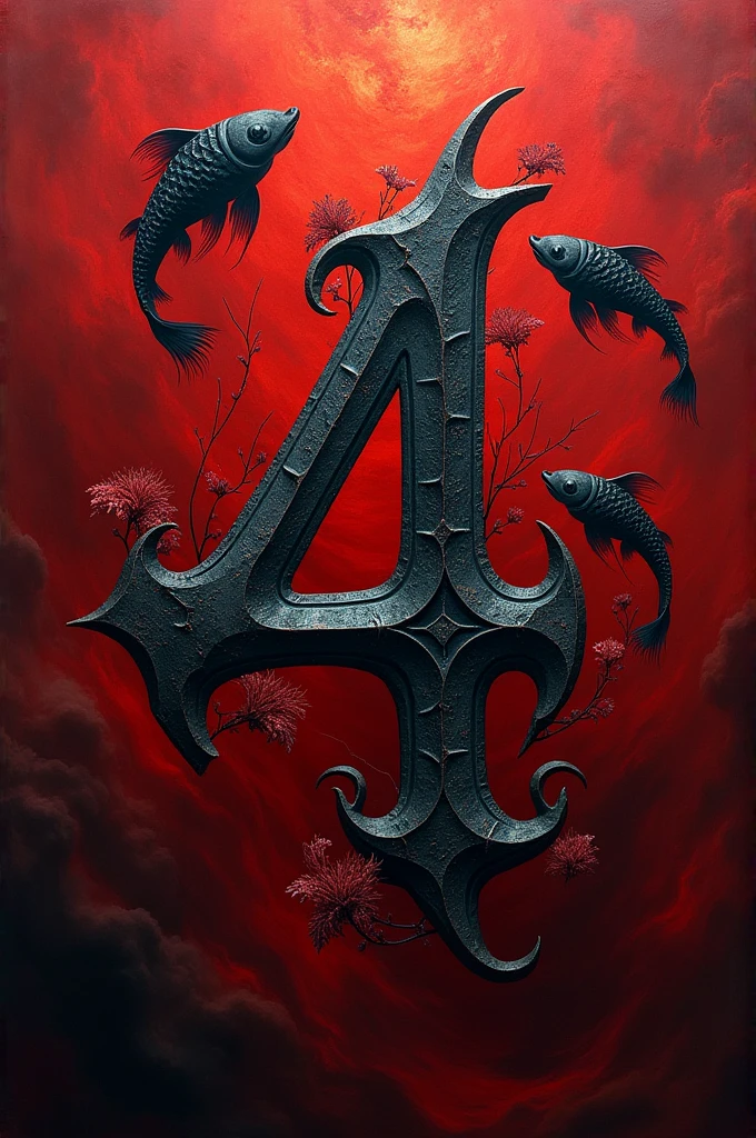 Number 4, gothic lettering, made of steal, fish and old paper, inside the red ocean with black witch fish