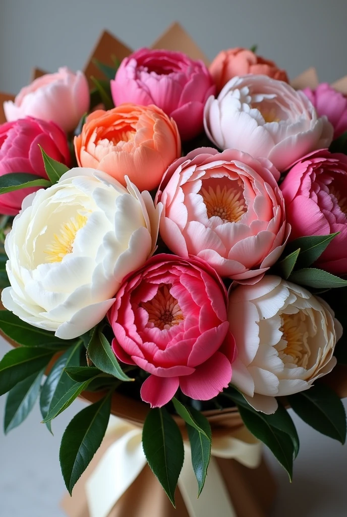 A luxurious bouquet of 50 peonies in full bloom, with a vibrant mix of colors, ranging from soft pink and white tones, to deep fuchsia and coral tones. The flowers are big, with delicately overlapping, curled petals, creating a feeling of volume and texture. The leaves that accompany the bouquet are a dark and shiny green., with slightly wavy edges. The bouquet is elegantly wrapped in natural kraft paper., with a satin ribbon bow in a soft cream shade that adds a sophisticated touch. The bouquet is presented in a slightly messy but charming style., with some flowers standing out more than others, which gives it a natural and lush appearance.