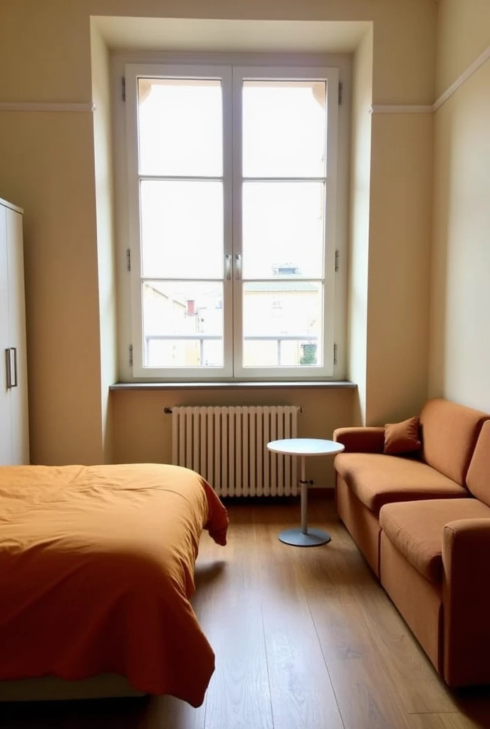 Generate a square 13 square meter room. This should include a bed, a closet, a couch and a matching table. On one side is the door and on the opposite side two windows. There is a heater under the window.