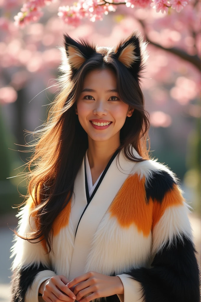 A beautiful middle aged Japanese woman wearing a cat costume. The fur pattern should be that of calico cat: patches of white, black, and white. It should show only above her chest.