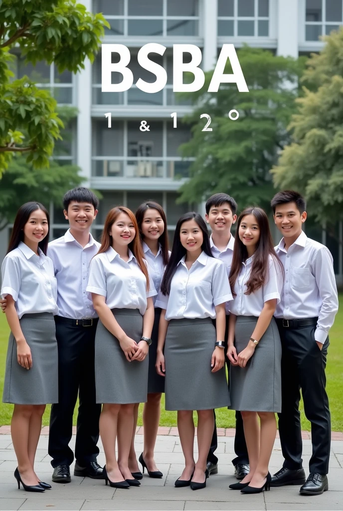 Group of business students, its a groupie, with white upper uniform, and gray in lower for girls, black trousers for boys, with wording above " BSBA SEC 1 & 2