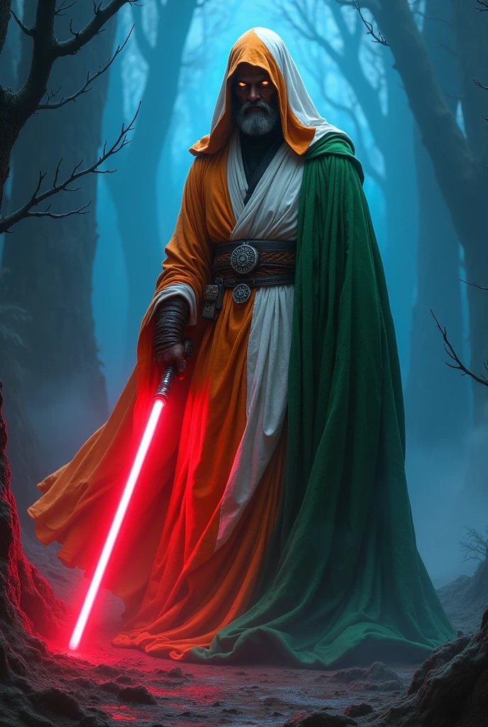 The country india as a Sith Lord from Star Wars, colors of the flag (green, orange, white, blue), red lightsaber, scary, frightening, ultra-realistic