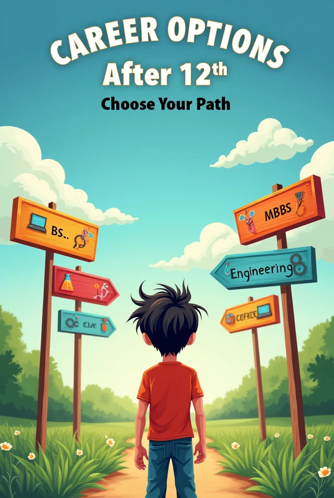 Create a visually engaging poster featuring a young boy standing at a crossroads, looking puzzled and uncertain about which path to take after completing his 12th grade. The scene should illustrate four roads branching out in various directions one with the board of B.Sc, second with the board of MBBS, third with the board of BCA and last one with the board of Engineering. Leave some space under the board in which students can write information like how many years it will take to complete the course we mentioned above. The poster should also have a prominent title at the top, "Career Options After 12th: Choose Your Path," and space at the bottom for editable text where viewers can add their own thoughts or advice