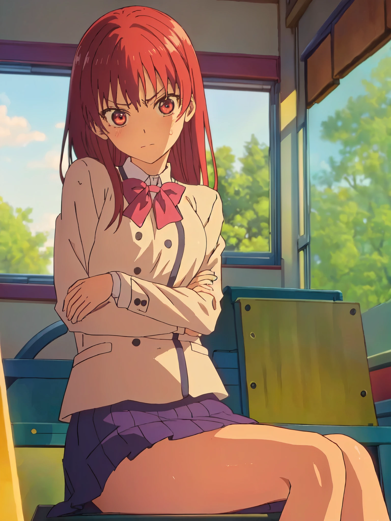 ((((masterpiece、Highest quality、High resolution)、anime:1.2)))、Pink hair、Beautiful with a small chest、(Dynamic pose)、looking at the camera、(Beautiful detailed face、Beautiful big eyes)、((One beautiful person))、Good sensitivity、((Sexy pose))、((Embarrassed face))、Red cheeks、Spread your legs、Wear a blazer uniform、Wear a short navy blue skirt、Sitting at a desk in a fresh school classroom in the morning、Arms folded behind back、