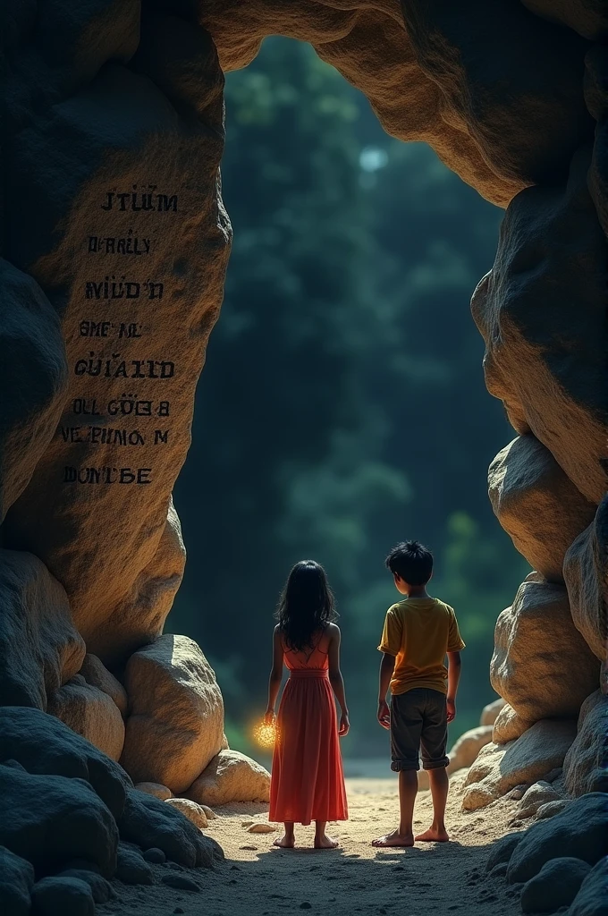 Maya and Aditya are standing in front of the cave entrance. Maya has a bangle in her hand, which is spreading bright light, and Aditya is alertly looking inside the cave. Curiosity and determination are clearly visible on their faces.A huge stone is visible near the cave, on which ancient verses and riddles are engraved. A light mysterious mist is emanating from the rock, which points towards the treasure they have come to find.
Additional elements: A huge rock is visible near the cave, on which ancient verses and riddles are engraved. A light mysterious mist is emanating from the rock, which points towards the heritage they have come to find.