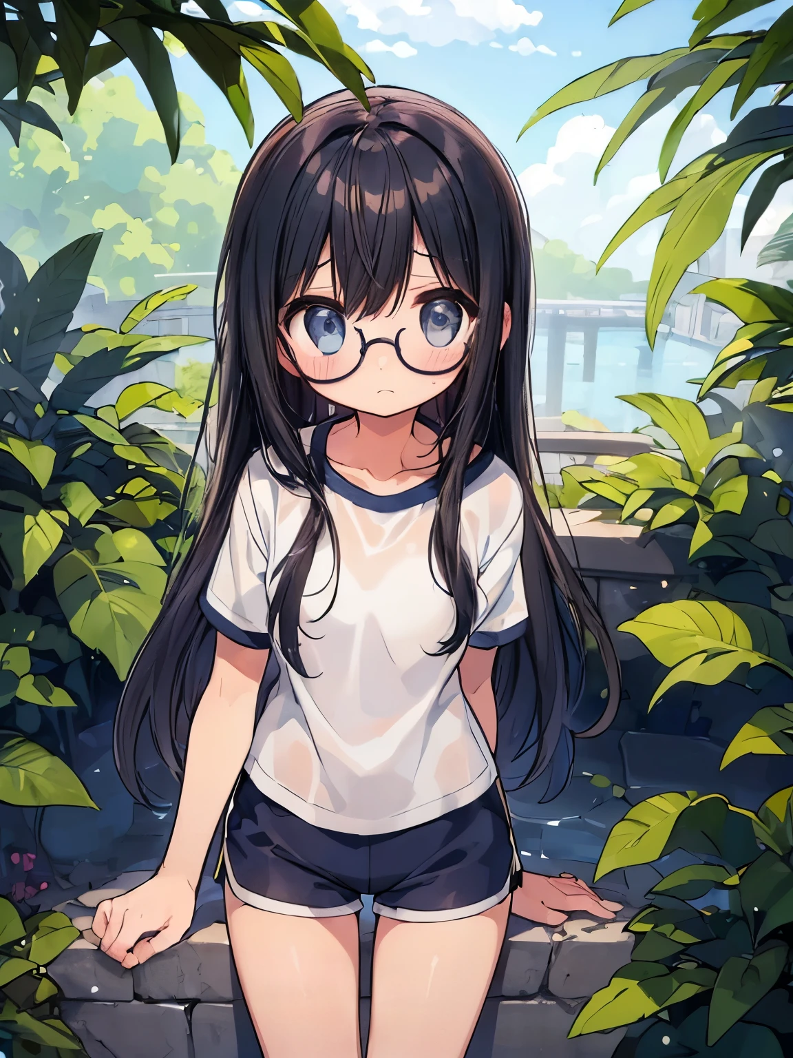 (big round glasses:1.3)、(Cowardly、sorrow、blush、Watery eye:1.2)、Long black hair、White short sleeve shirt、(Navy blue shorts、Wide-legged shorts、Shorts and thigh gap、Wide opening in shorts:1.3)、(Gym suit)、  body、Flat body