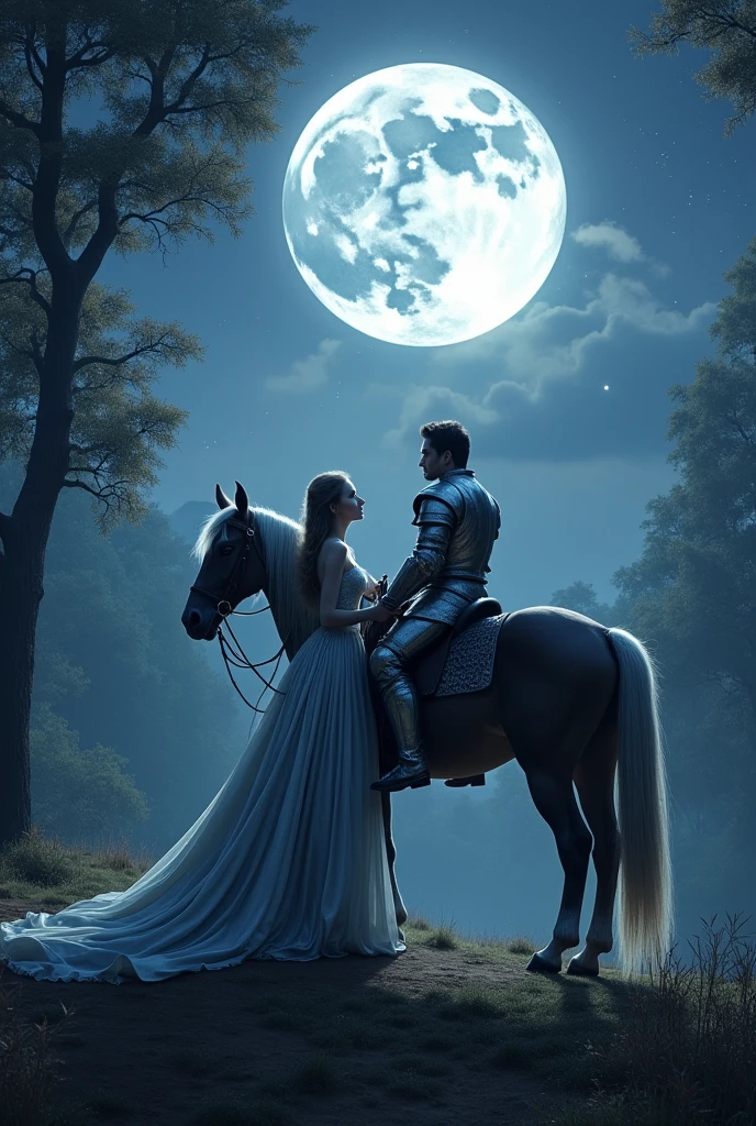 Dame and knight together on a moon night with a horse and both of them facing the moon