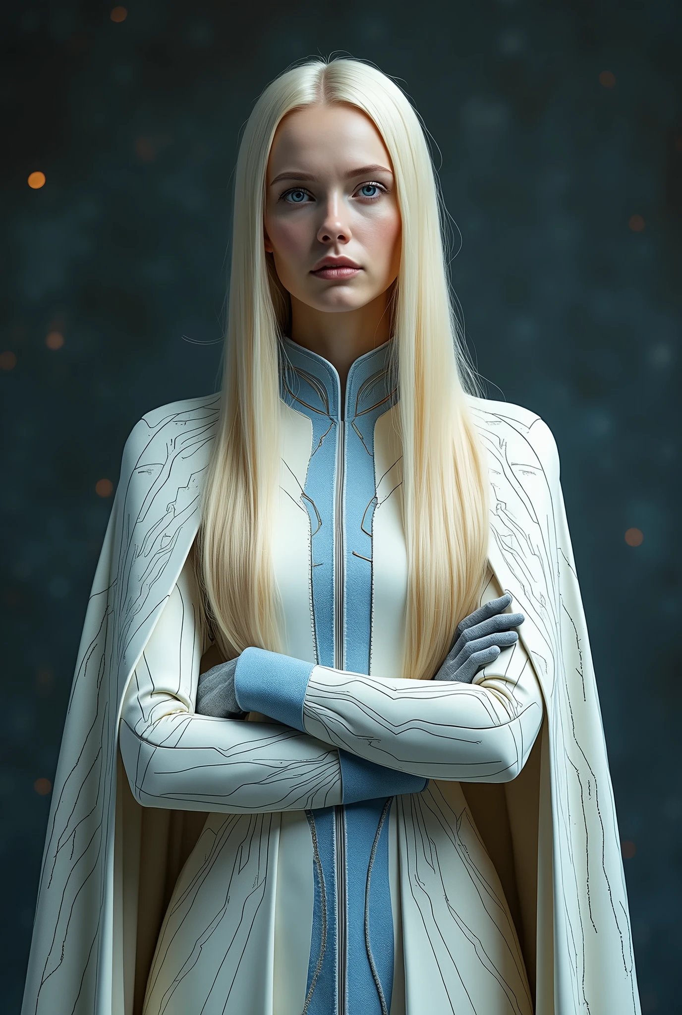 full body, full shot, a queen arms folded. The tension is intense, the queen is a woman 30 years old, very long straight hair, very blond hair, slim, blue eyes, wearing a cream and blue color futurist long royal dress with a printed circuit board cape, intense gazing eyes, as a conceptual AI, ultra-resolution, intricately detailed, low angle, 8k by Helmut Newton