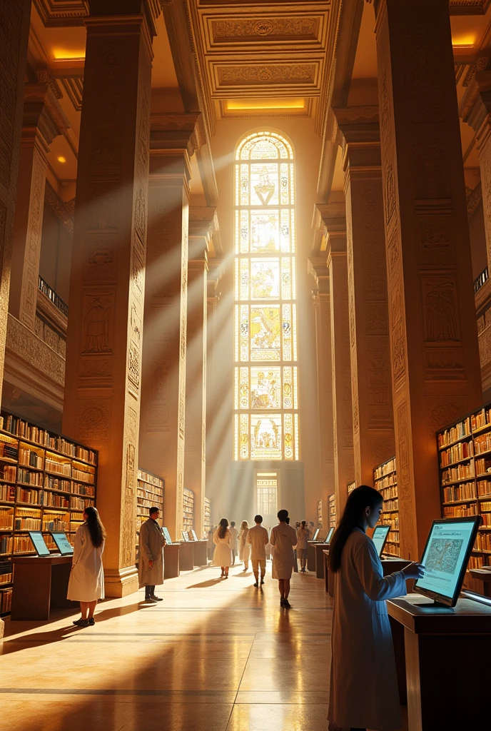 Create a blend of an ancient Egyptian study center with modern 21st century features with students and scientists working with high technology in a large library