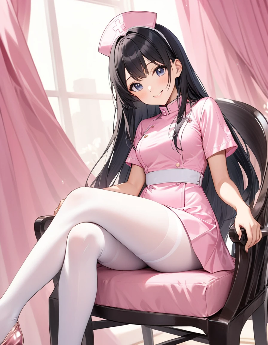 Woman, cute, adorable,  smiling, straight hair, long hair, black hair, (sitting on chair:1.8),
(crossed legs:1.3),
 BREAK (light-pink theme:1.4), (light-pink nurse cap on head:1.4), (elegant and glossy pink satin fabric luster:1.3), ((fit and flare, A-line):1.3), (fusion of very short sleeve light-pink satin one-piece dress and A-line ultra miniskirt:1.4), ((high neck, side open stand collar):1.3), ((closed-fitting, emphasizes body line):1.3), ((white overknee socks, white thigh-high tights):1.3), (pumps:1.2),