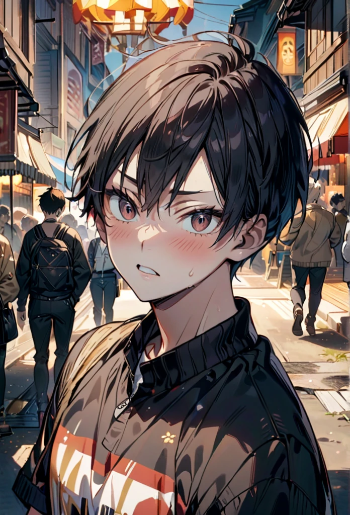 best quality , masterpiece, line art, ( Kageyama tobio, Oikawa Toru, Kuroo Tetsuro, Tsukishima Kei), (Haikyuu), full body, Half body, dark, short hair, white skin, festival scene in manga, base in haikyuu manga