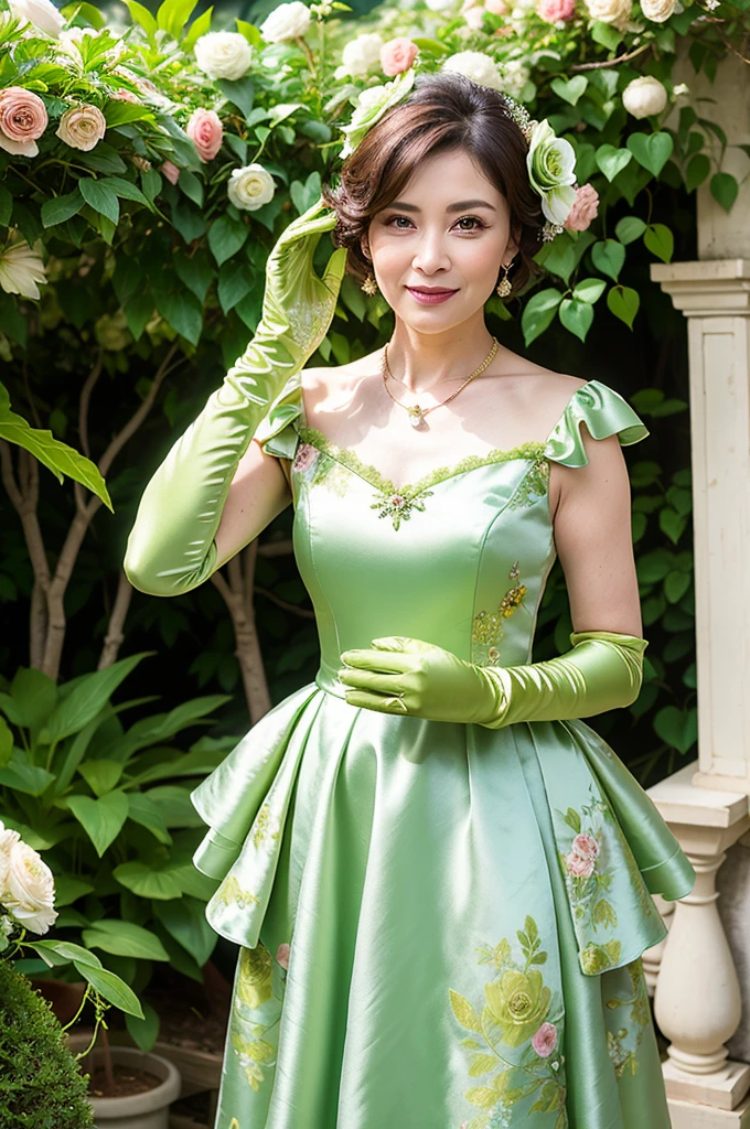 ((Masterpiece)), ((Best Quality)), A middle-aged short-hair woman, ((She is wearing an ornamental light green floral satin wedding dress)), She is wearing gloves on her hands., outdoor, She is in a garden. She is wearing a big necklace.