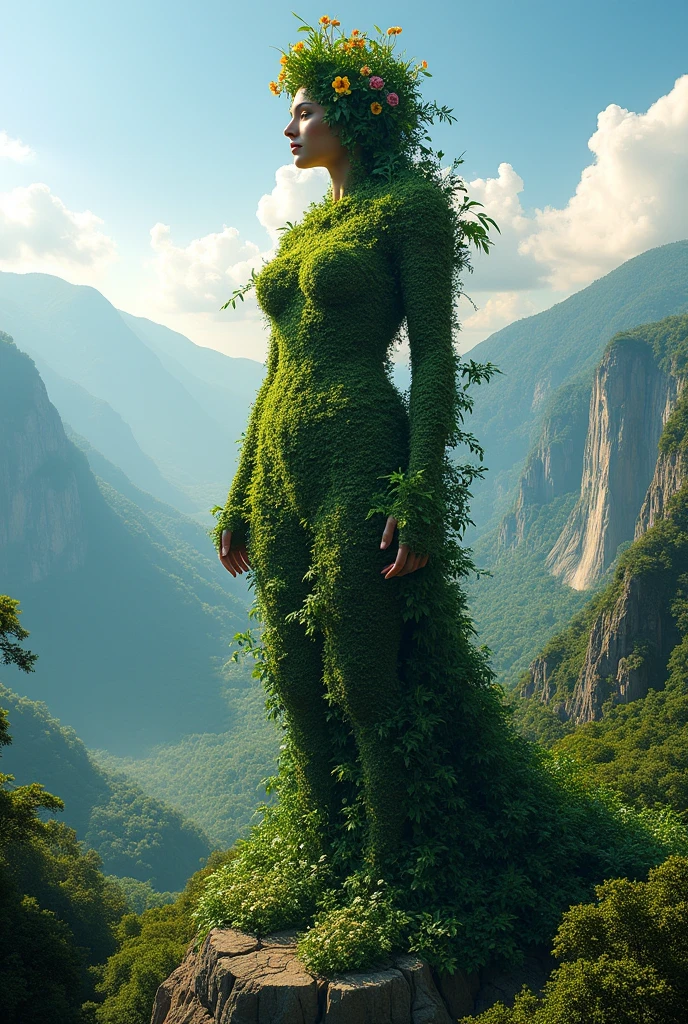 I want an image of Pachamama, the goddess of nature. Her body is made up of elements of nature, her dress is made of green forests and fields. The figure should be majestic and harmonious, with each natural element placed so that when looking at it, it looks like a female figure, but at the same time composed entirely of natural elements.