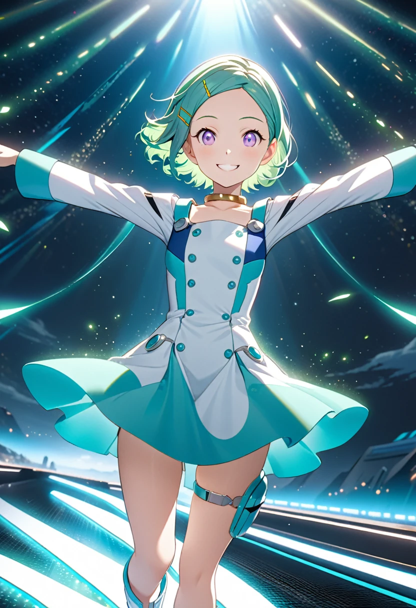 3CG animation illustration,A girl with short hair, long sleeves, a dress, purple eyes, boots, a hairclip, aqua hair, thigh strap, and white footwear, riding a stylish, flying surfboard of the future and gliding dynamically through the clear sky. She smiles and spreads her arms wide as she stands on the surfboard, creating a beautiful, lively and vibrant effect like clear green waves in the sky. Highly detailed, high quality, 8K resolution, physically based rendering, ultra-fine painting.Cinema lighting,light particle effect,Super Fine View,