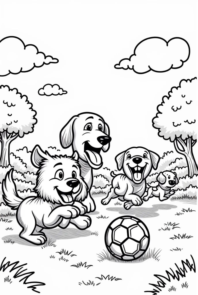 Coloring page for children with dogs playing football black and white 

