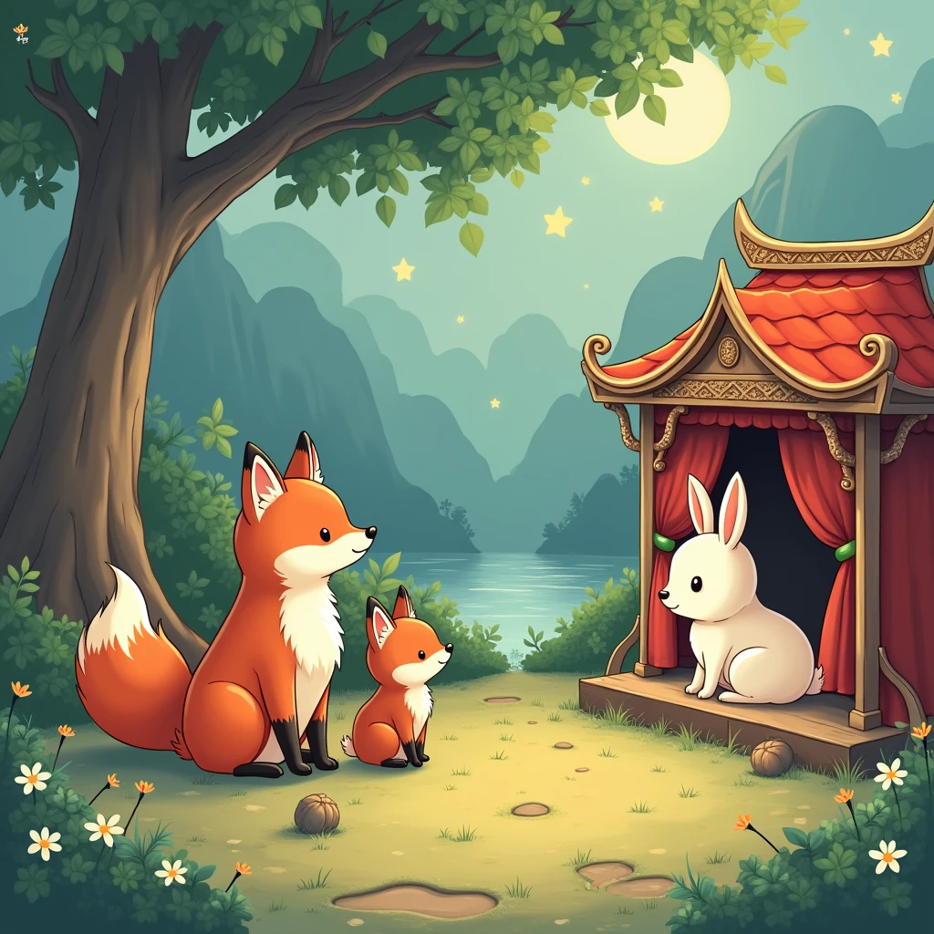 Anime Manga Illustration Style, In the foreground、Cute fox、Cute rabbit、Cute deer and other cute animals、They are gathered around a beautifully decorated antique Kamishibai stage.。The cute animals have soft and friendly expressions.、Listening intently to the story。In the background、A tall tree with gentle sunlight filtering through its leaves々and、The painting depicts a small stream quietly flowing nearby.。上空には薄明かりから夜明けへand移り変わる穏やかな空が広がり、The first stars are beginning to twinkle。, A simple and cute picture book-like effect with gentle colors