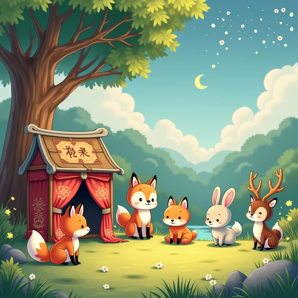 Anime Manga Illustration Style, In the foreground、Cute fox、Cute rabbit、Cute deer and other cute animals、They are gathered around a beautifully decorated antique Kamishibai stage.。The cute animals have soft and friendly expressions.、Listening intently to the story。In the background、A tall tree with gentle sunlight filtering through its leaves々and、The painting depicts a small stream quietly flowing nearby.。上空には薄明かりから夜明けへand移り変わる穏やかな空が広がり、The first stars are beginning to twinkle。, A simple and cute picture book-like effect with gentle colors