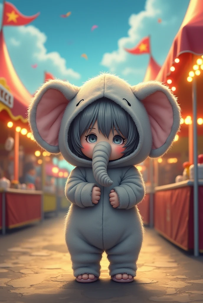 Man in elephant suit with elephant hood with gray hair no face anime