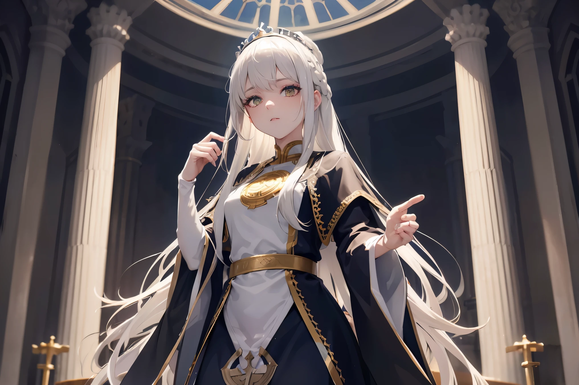 (tiara), shiny hair, hair over one eye, Gothic art, ray tracing, super detail, textured skin, masterpiece, accurate, high details, best quality, award winning, highres, A white-haired high priestess, pope, a young and dignified girl, Standing at the altar, looking down on the faithful