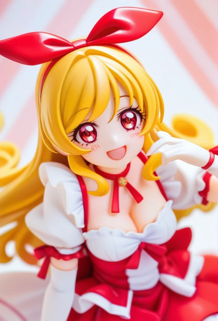((masterpiece、Highest quality))1 person、upon、uponコン、Like、cute、cute、My Favorites 、alone、Idol、Red Skirt、white golden hair、Super Long Style、Red eyes、album、smile、smile、dance、sing、sight、Red cheeks、vocalist、 cuteポーズ、Loud cheers、Shoulder Bare、ribbon、Pretty Cure Costume、Cleavage
