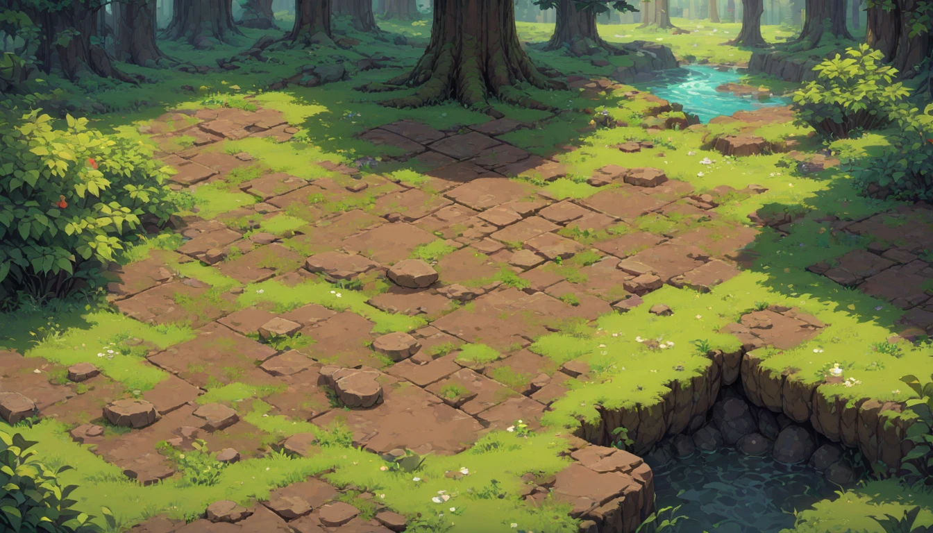 Retro video game style,Pixelate graphics,Vibrant colors,8-bit characters,blocky shape,Sharp lines,Detailed shadows,Game atmosphere,nostalgic vibes,Arcade games,masterpiece:1.2,Extremely detailed,Illustration style, 2d texture, Clay texture, Stone texture, 4K seamless mud texture, video Game Textures, dirt texture, Tilset, Game Cards, Clay material, Flat Texture, Grass, Trees, Rock texture, Rocky ground, forest, Top view, Game Textures, Game Art, Very detailed ground, dirt, floor texture, tileable texture, Flowers, shrub丛, shrub, Complex floor stone, A top-down view, 3/The fourth perspective