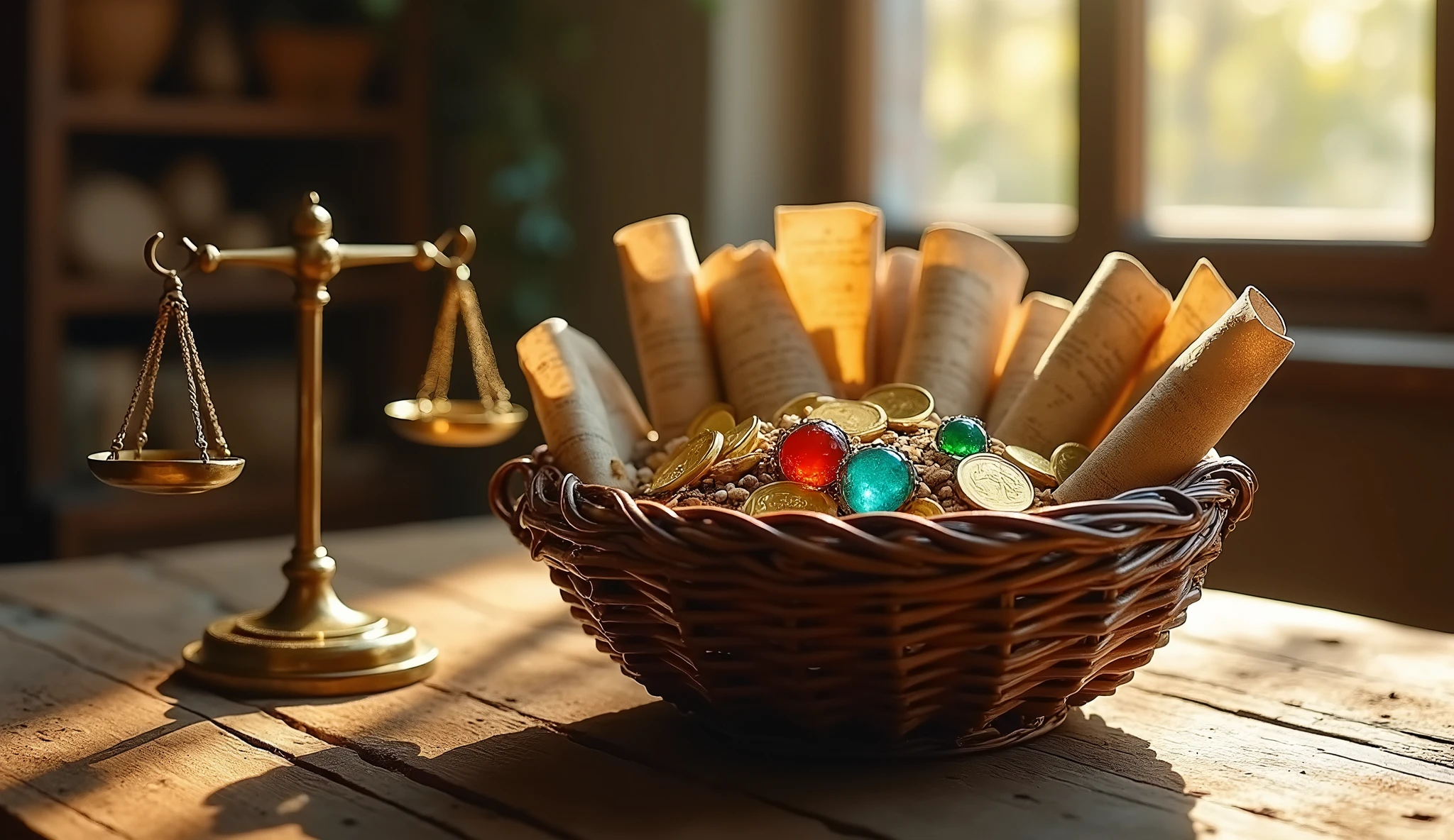 Create an image focused on an antique basket, divided into several sections, each containing different types of riches: gold-coins, gem stones, seeds of different plants, and commercial contracts written on parchment. The basket must be carefully organized, symbolizing the diversification of Solomon's investments. Next to the basket, include a small scale, balancing different resources, emphasizing the concept of not putting all your eggs in one basket and the importance of maintaining a balance.