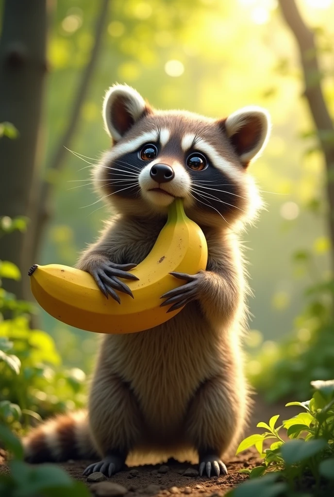 Raccoon holding some fruit