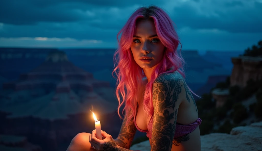 tatuados,Very beautiful big breasts、(Tears),(Back tattoo、Many tattoos on both arms and neck)、 (Reykjavik at night, Aurora shining in the night sky),Candlelight only,Very detailed, 21 years old, A beautiful woman,Depressed face, Pink Hair,Medium Hair, blue eyes, High resolution, masterpiece, Highest quality, Intricate details, Very detailed, Clear focus, Delicate skin, practical skin texture, texture, Delicate eyes, Professional, 8k, Sad face,despair、 Shot with Canon, 85mm, Shallow and deep, Kodak Vision Color, Exactly, Very detailed, photograph_\(Extremist\), photographpractical, practical, Post-processing, Maximum details, Roughness, Real Life, Extremist practical, Photorealism, photographgraphy, 8k ウルトラ HD, photographgraphy