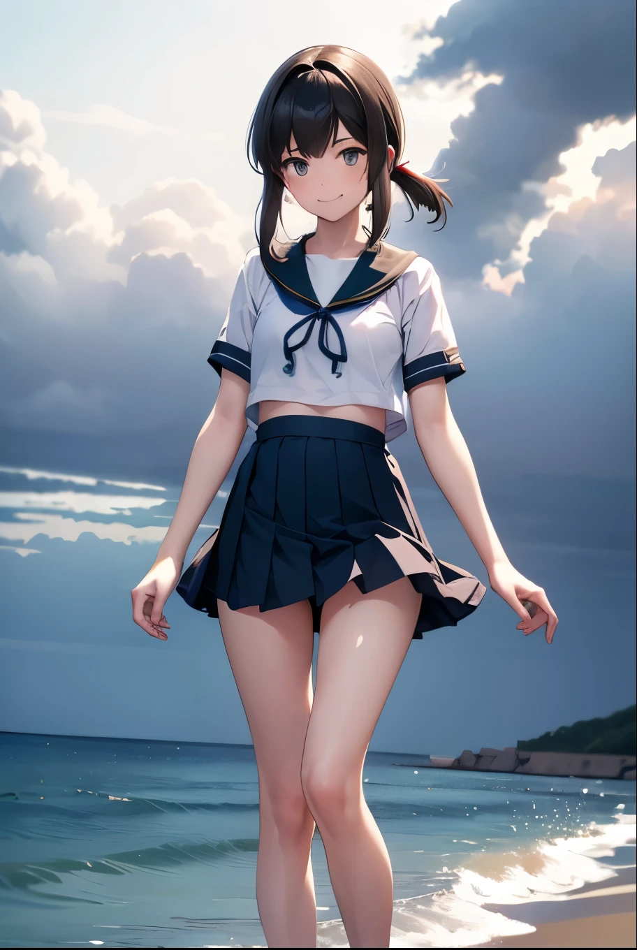 1teen_ girl, li, brown_hair, medium_bob_hair, blue_midriff_baring_sailor_uniform, mini_skirt, short_sleeve, thighs, large_, angry, smile, open_mouth, standing, harbor_background, slightly_ spread_legs, happiness, NSFW, short_gloves, wet