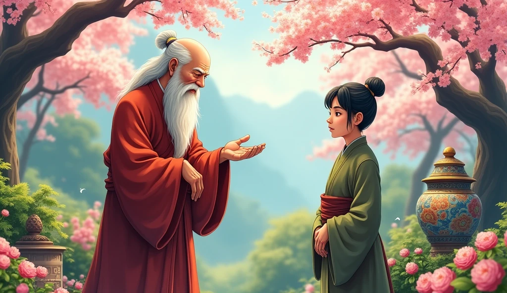 Old chinese monk master standing with his young monk desciple at beautiful garden and they are talking, in anime style,  the pot placed at the edge of a flower bed,