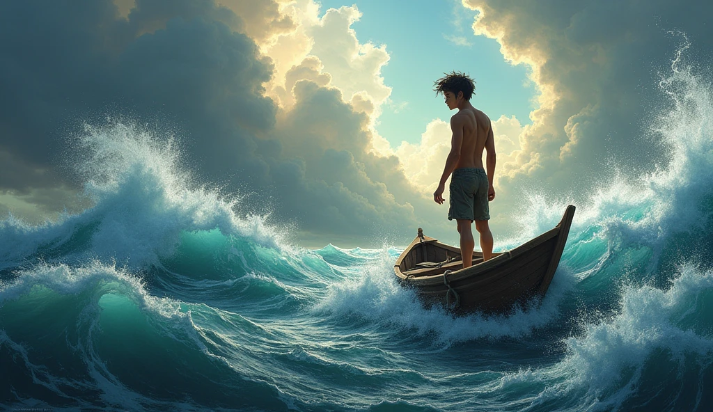 Kai is a lean, wiry teenager with tanned skin from long days spent under the sun. His hair is dark and unruly,A symbolic image of a stormy ocean with a small boat, representing the challenges and trials of life."**