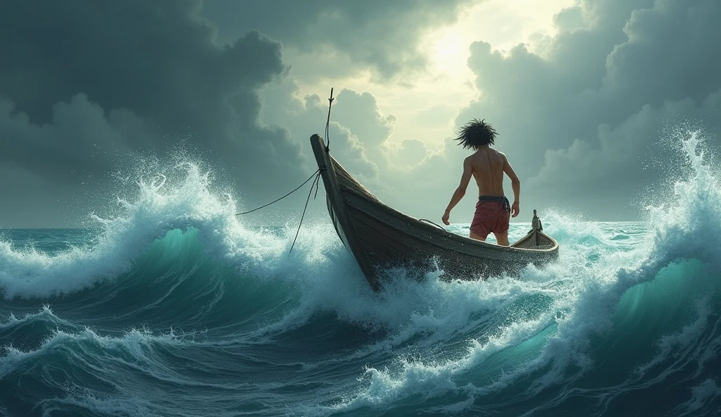 Kai is a lean, wiry teenager with tanned skin from long days spent under the sun. His hair is dark and unruly,A symbolic image of a stormy ocean with a small boat, representing the challenges and trials of life."**