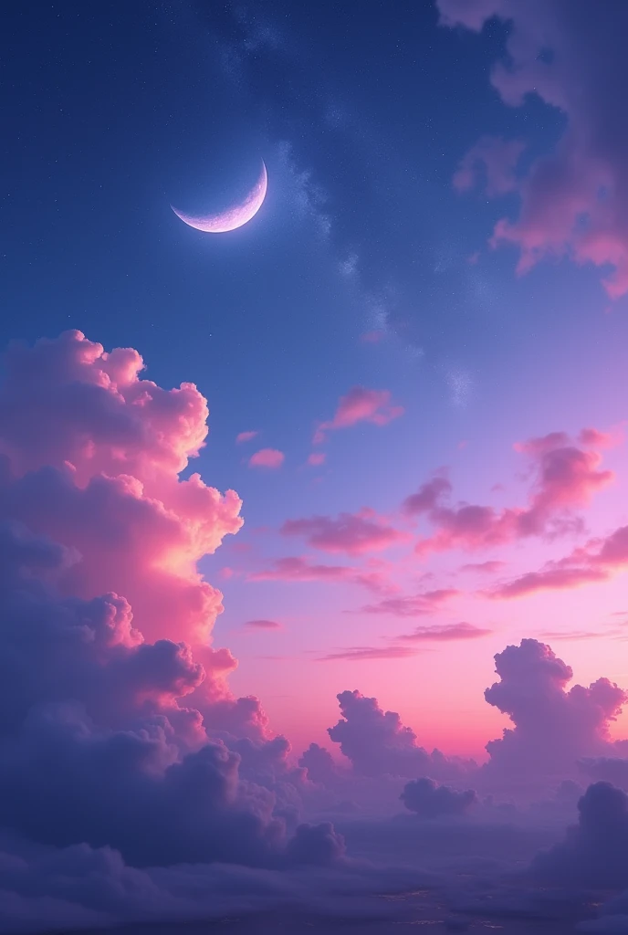 Highest quality、masterpiece、Film Grain、Ultra-high resolution、(((pink Starry Sky:1.5)))、blue crescent moon :0.1、