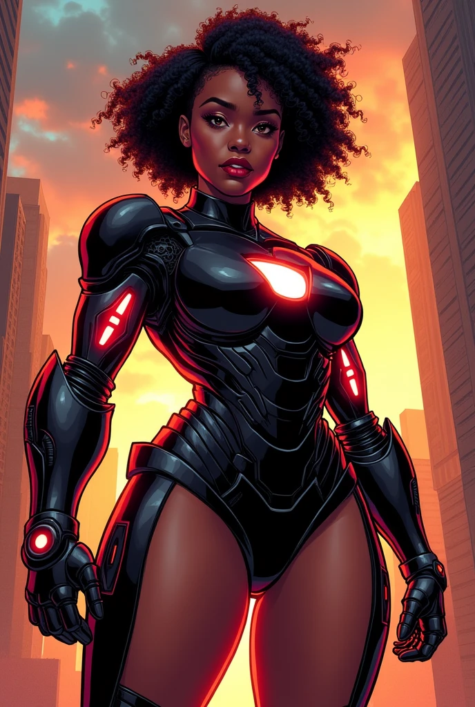 Black american girl, short curly black hair, black and red iron man, huge breasts, thin waist, thick thighs, sensual pose,