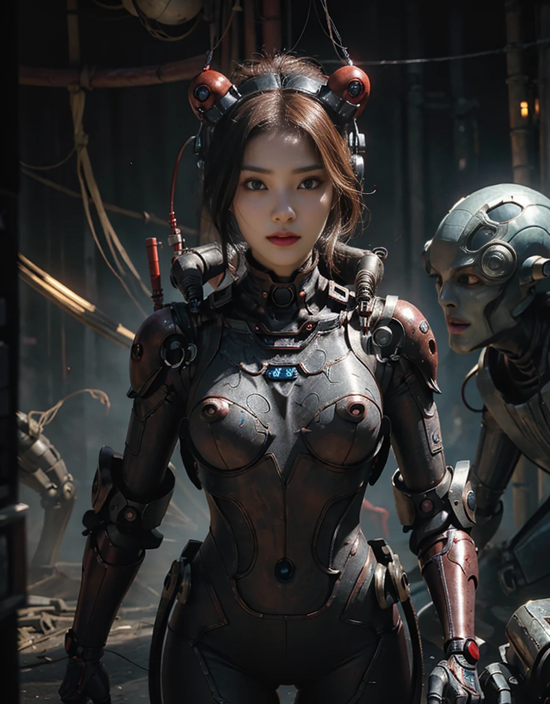 (Background of skimpy mechanical girl and octopus alien)、(Mystical expression)、highest quality、masterpiece、Super high resolution、(Photoreal:1.4)、RAW photo、1 girl、glowing skin、(((1 Mechanical Girl)))、Heavy chest、(red metalボディスーツ)、(Natural alien background to fight aliens)、(Small LED)、((Super realistic details))、vertical giant monster background),global illumination、Shadow、octane rendering、8k、super sharp、Robot background、big breasts、Raw skin exposed in the cleavage、red metal、intricate decorative details、Japan details、very intricate details、realistic light、(Mystical expression),CG Society Trenlow Eyes、Eyes shining towards the camera、Mechanical marginal blood vessels connected to neon detail tubes)、(Wires and cables connecting to the head)、Small LED、,mechanical thighs、two stock、(Hands are also made of machines)、roboT、future alien、Please wear a mechanical helmet、transparent face guard on helmet、