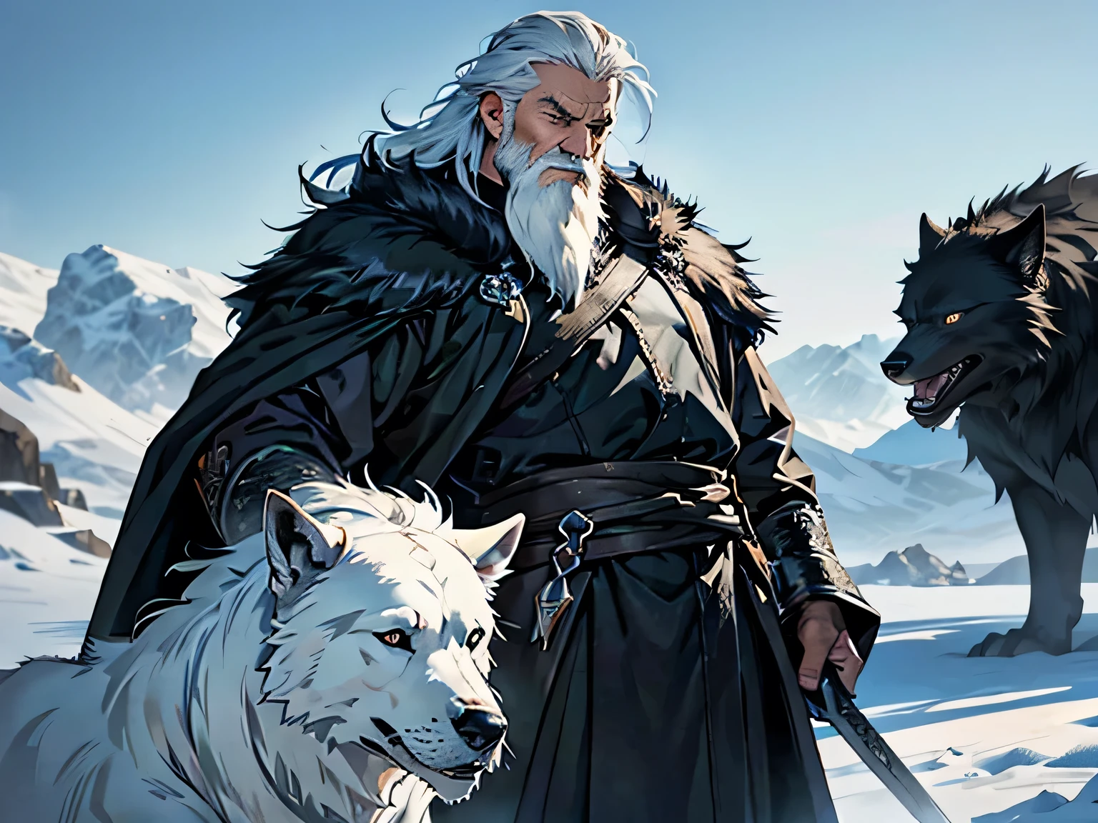 ((Best quality)), ((masterpiece)), ((realistic cartoon)), ((perfect character)):

In this stunning and highly detailed realistic cartoon, we present a Man of the North. The man stands tall, standard Northern aesthetic, but with a few twists, his outfits also include some black, to match the color of the animal fur black cloak he wears. His face is adorned with a medium, white beard, adding to his wise and aged appearance.

With a majestic European greatsword that carries on his back and a black Direwolf beside him, this man exudes a fearsome warrior aura.

Every element of this masterpiece is carefully designed to create a sense of realism and immersion. The intricacies of the man's clothing, the mesmerizing effects of the area around him and he was in Winterfell, and the level of detail in his weathered face all contribute to a captivating visual experience. This artwork is presented in stunning UHD resolution, allowing you to appreciate every nuance and intricacy in breathtaking detail.

Eye level, scenic, masterpiece.