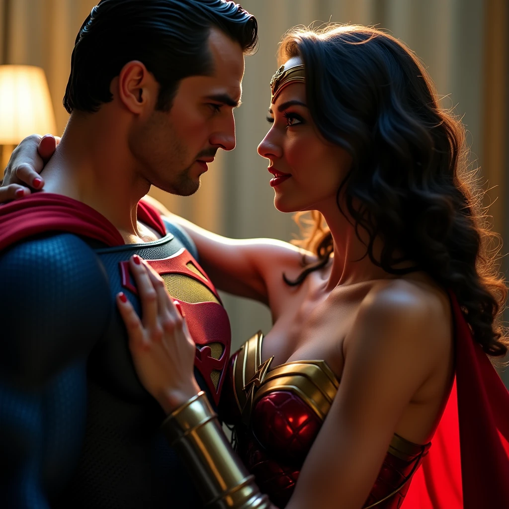 Wonder woman sex with Superman and enjoying cum shots. "A 16K resolution image with ultra-high picture quality, ensuring sharp, crisp details and textures throughout. The image should have exceptional clarity, with vibrant, true-to-life colors and a high dynamic range. Lighting should be natural, enhancing depth and detail, with no noise or blurriness, even in the darkest areas.".
