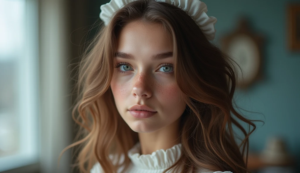 SeaArt Robot Txt2Img Lily Yermak Studio, the charming Russian Instagram model, is portrayed in exquisite detail in a charming scene. The image is captured in high resolution, showcasing Lily's mesmerizing beauty and intricate features. She is 26 years old, with an innocent face, far away, Wavy brown hair, and captivating blue eyes. complements it perfectly. They create a delicious contrast, with Lily wearing a maid dress that gives a playful touch to the image. The scene is masterfully framed, with the soft