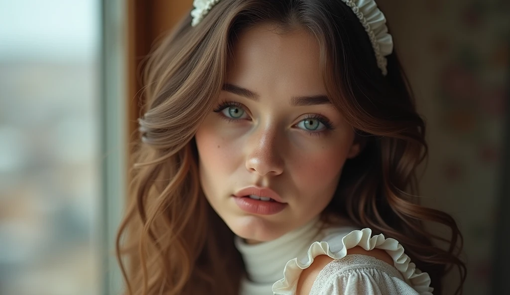 SeaArt Robot Txt2Img Lily Yermak Studio, the charming Russian Instagram model, is portrayed in exquisite detail in a charming scene. The image is captured in high resolution, showcasing Lily's mesmerizing beauty and intricate features. She is 26 years old, with an innocent face, far away, Wavy brown hair, and captivating blue eyes. complements it perfectly. They create a delicious contrast, with Lily wearing a maid dress that gives a playful touch to the image. The scene is masterfully framed, with the soft